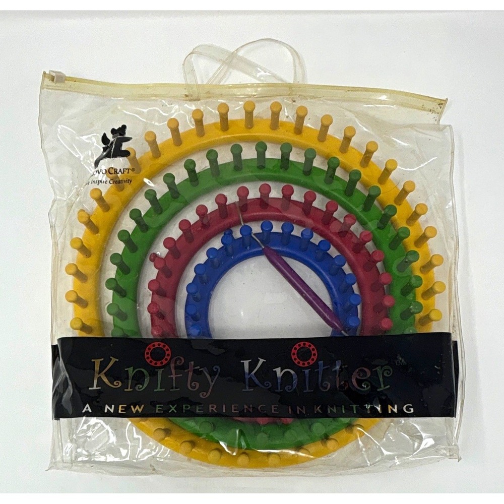 Knifty Knitter Round Knitting Loom Set 4 Looms with Hook Tool in Bag